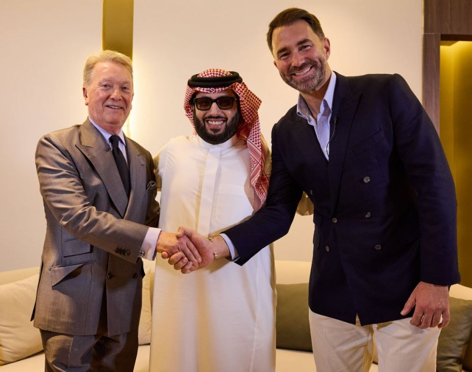 Frank Warren with Saudi boxing chief Turki Alalshikh and Eddie Hearn