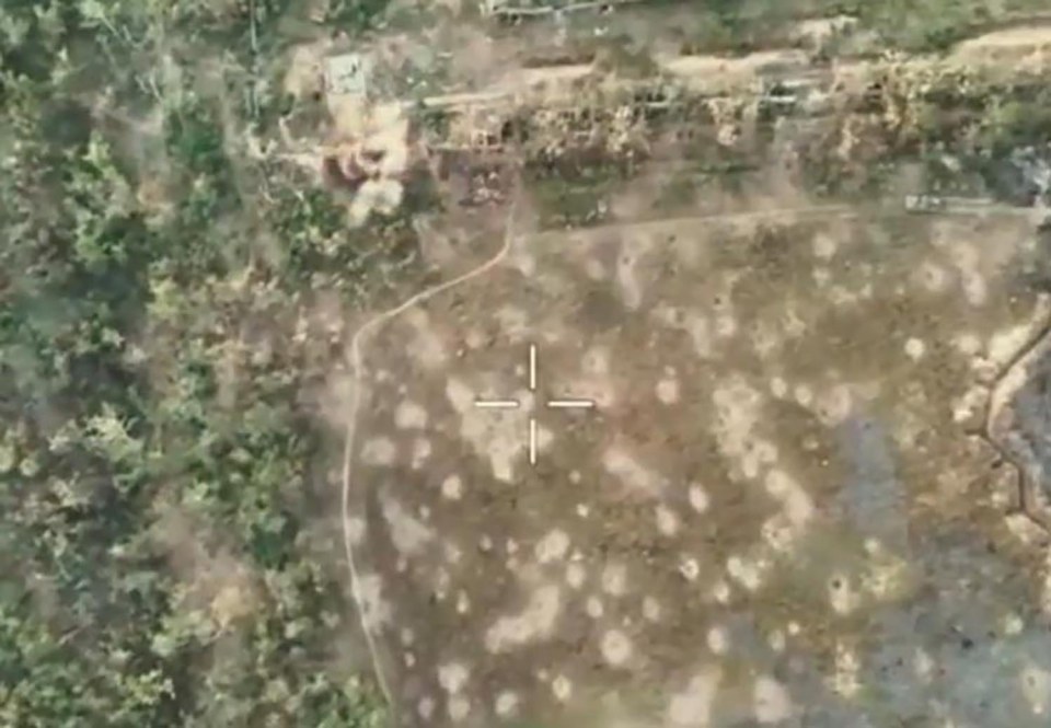 Aerial strike footage and mortars firing on the ground