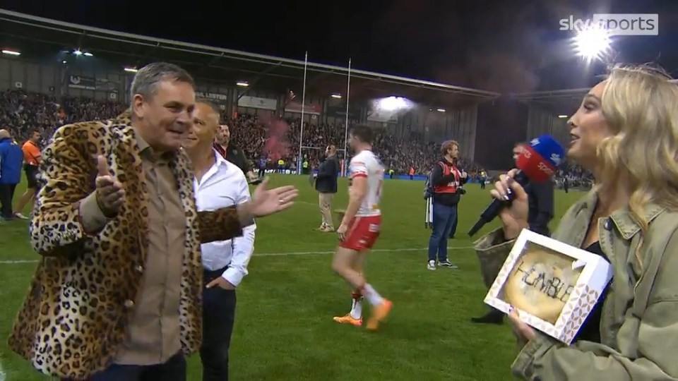 Brooks was left stunned after being handed the pie as Leigh beat St Helens 18-12