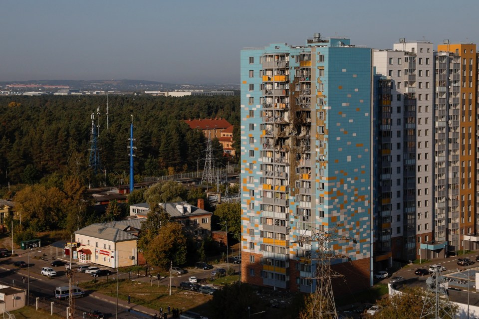 A damaged multi-storey residential building