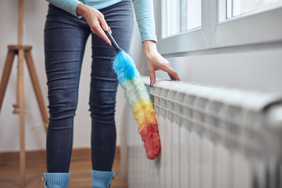 a woman is cleaning a radiator with a rainbow colored duster