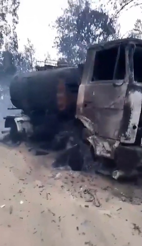 A charred fuel tanker after Ukrainians launched a devasting strike in Luhansk