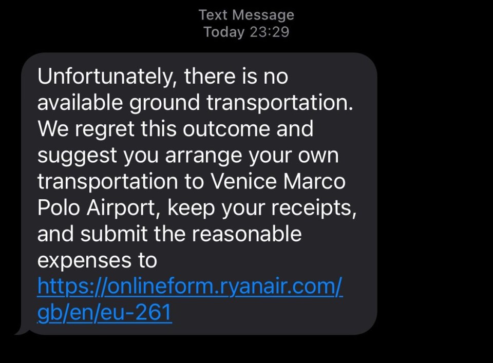 a text message that says unfortunately there is no available ground transportation