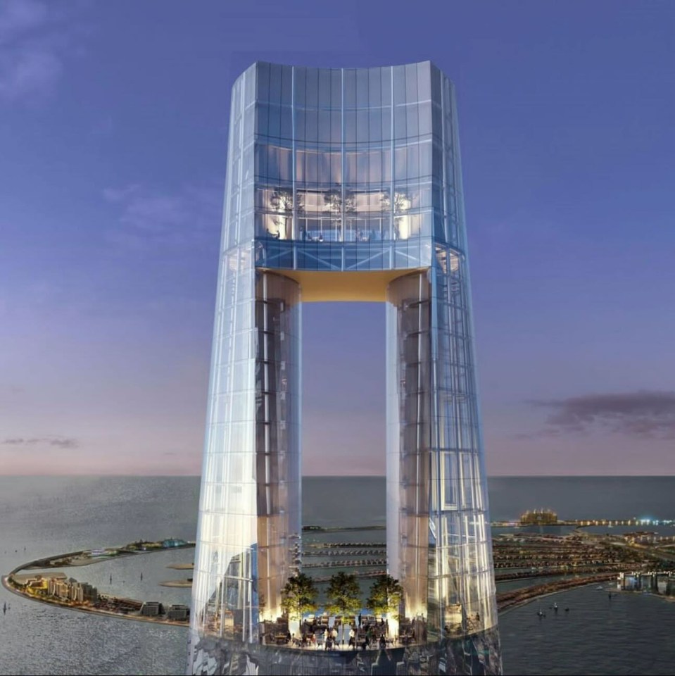 an artist 's impression of a very tall building overlooking the ocean