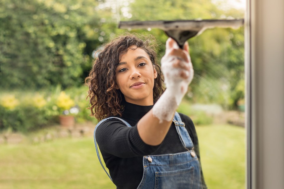 a woman in overalls is cleaning a window with a squeegee