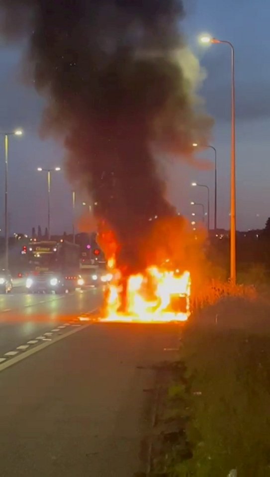 Daniel Adkins' Ford Ranger is engulfed in flames after an apparent explosion