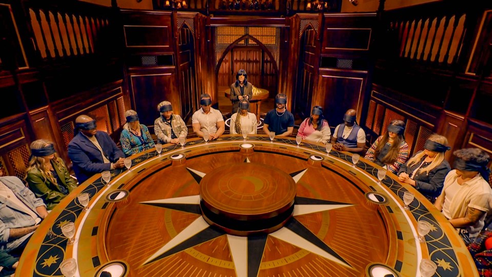 a group of blindfolded people sit around a table with a compass on it