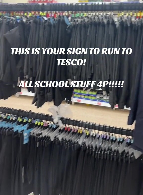 a rack of school clothes in a store with a caption that says this is your sign to run to tesco