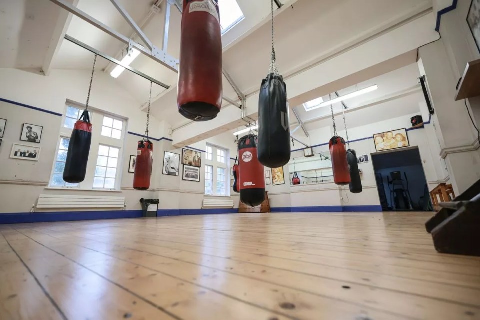 a gym with boxing bags hanging from the ceiling