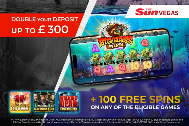 an advertisement for the sun vegas shows a big bass splash slot