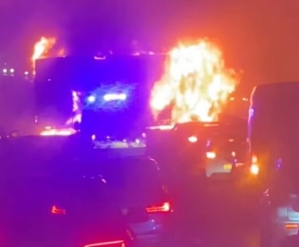 A driver filmed the flames engulfing the stranded lorry