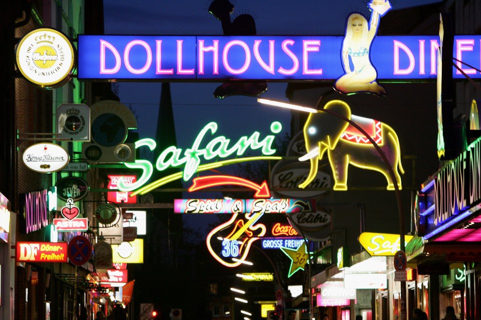 a neon sign for dollhouse safari is lit up at night