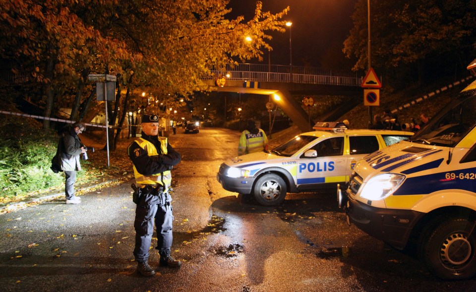 Police at the site of a double shooting in Malmo in 2010, during a spate of 15 linked to Mangs