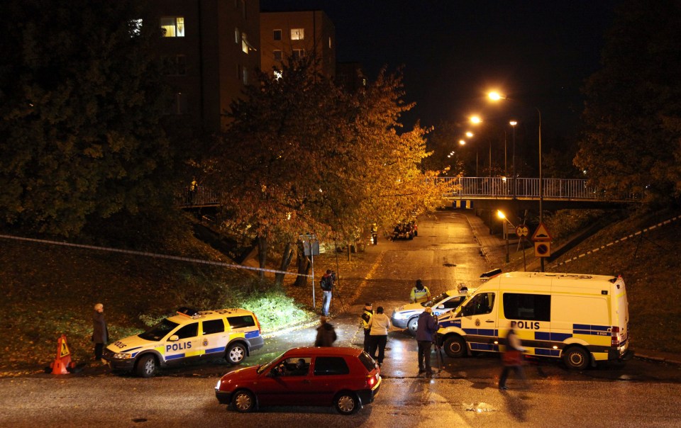 a group of police cars are parked on the side of the road