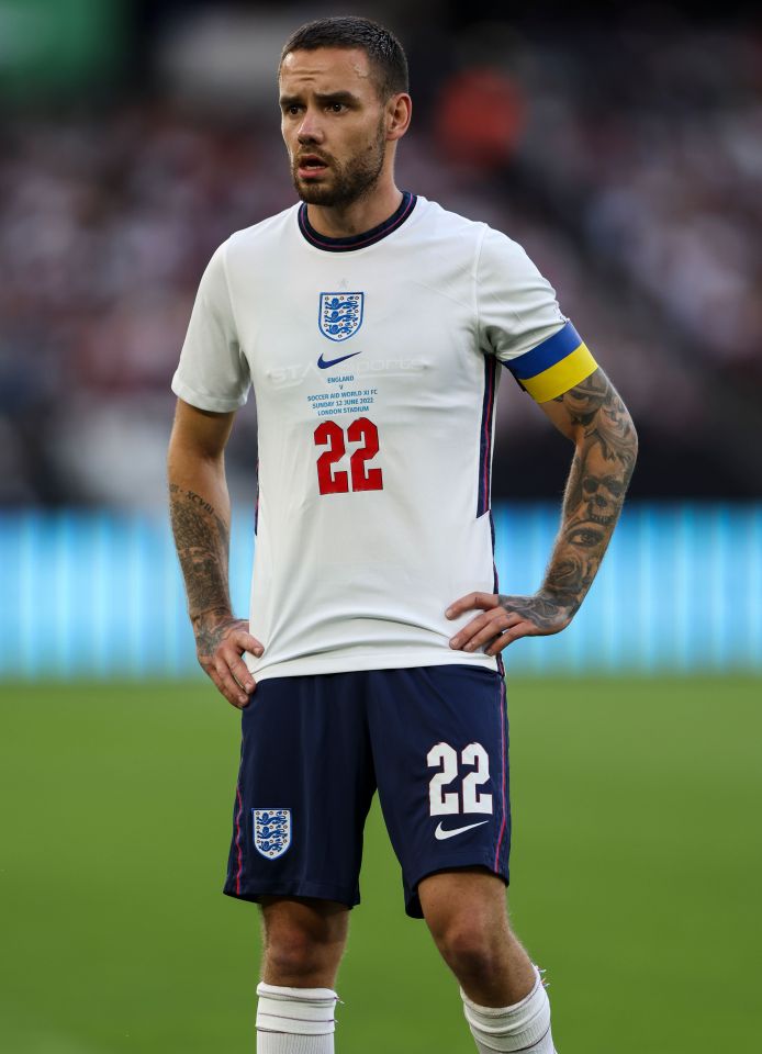 Liam in an England kit for UNICEF's Soccer Aid in 2022