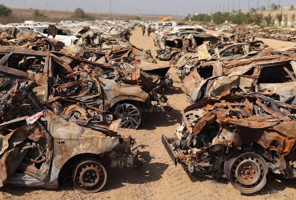 Vehicles damaged in the October 7 Hamas attack at the area of Israel’s Nova festival