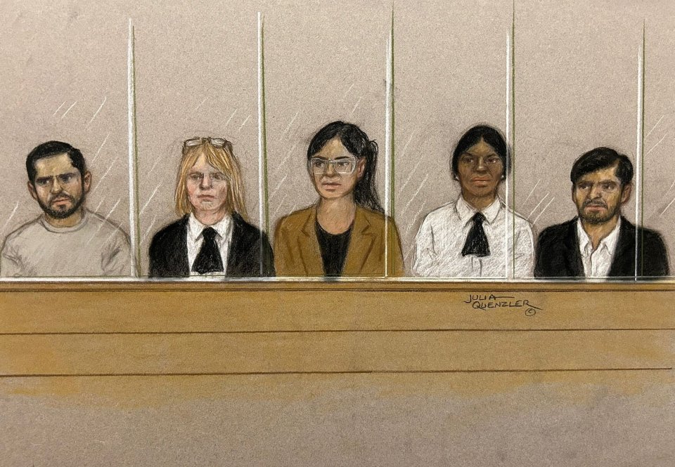 A court sketch of (L-R) Sara's uncle Faisal Malik, stepmum Beinash Batool, and dad Urfan Sharif separated by court officers