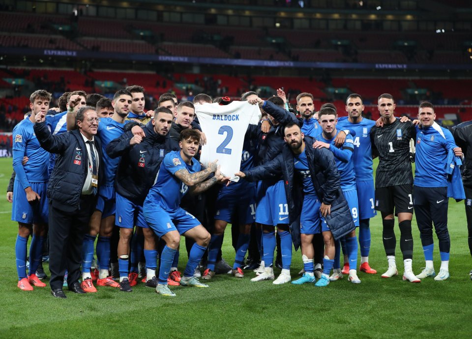 Greece paid tribute to the late George Baldock after their famous win over England at Wembley