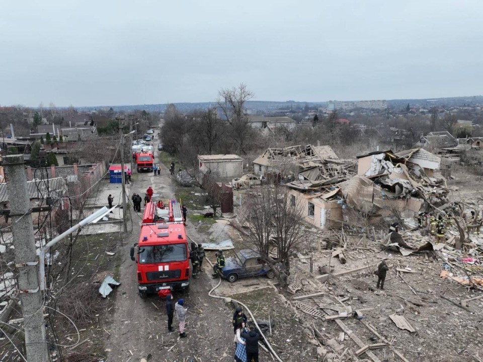 A drone view shows residential buildings destroyed by a Russian missile strike in Ukraine