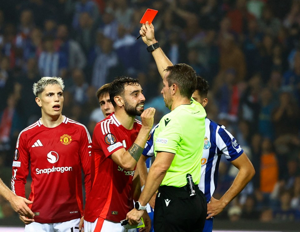 Bruno Fernandes was controversially sent off for Man Utd at Porto away