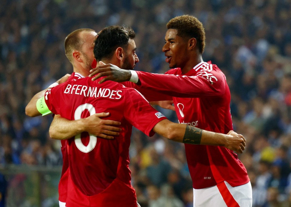 The Dutchman stunned many by taking off Marcus Rashford, right, and later saw key midfielder Bruno Fernandes sent off