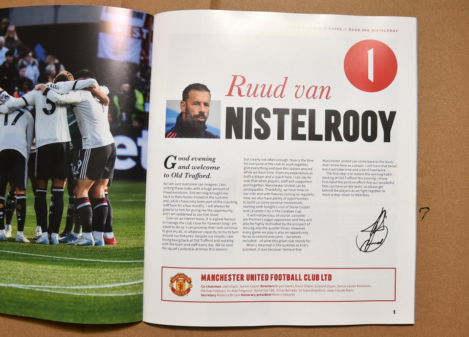 Van Nistelrooy's programme notes before the Foxes clash