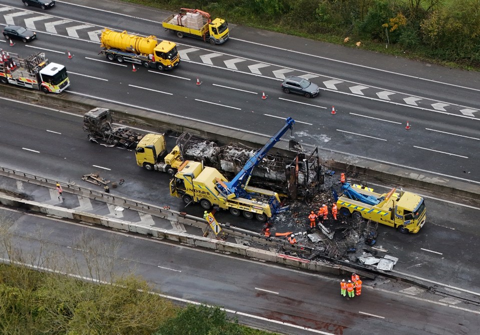 Specialist equipment is needed to remove the burnt lorry