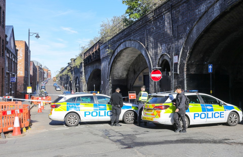 two police cars are parked under a bridge