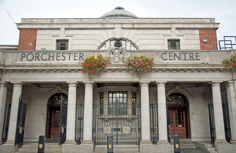 the front of a building that says porchester centre