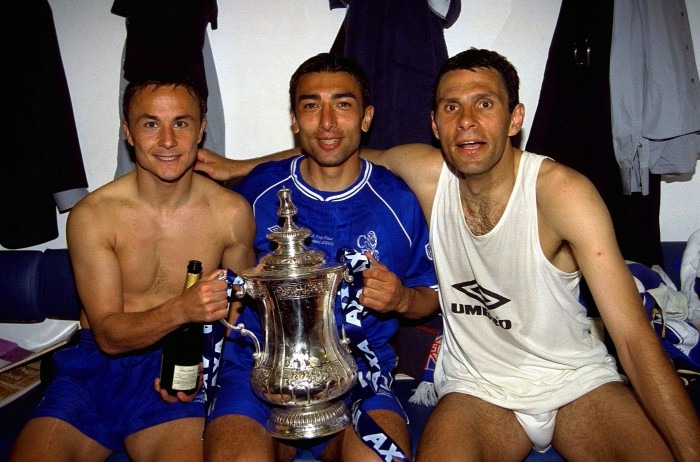 Football - Aston Villa v Chelsea , FA Cup Final - Wembley 20/5/00Mandatory Credit:Action Images / Darren Walsh Chelsea's Dennis Wise (lt) , Roberto Di Matteo and Gustavo Poyet celebrate winning the FA Cup in the dressing room