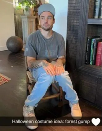 liam payne is sitting in a chair wearing a forest gump costume