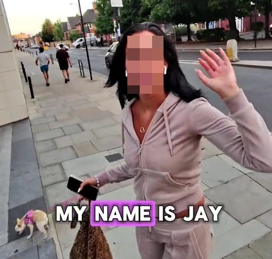 a picture of a woman standing on a sidewalk with the caption " my name is jay "