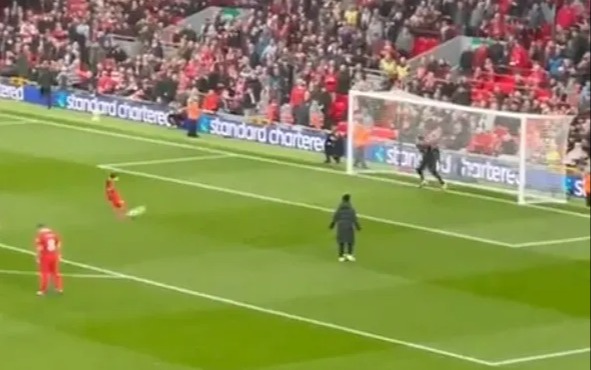 A young fan twice had the chance to score in front of The Kop