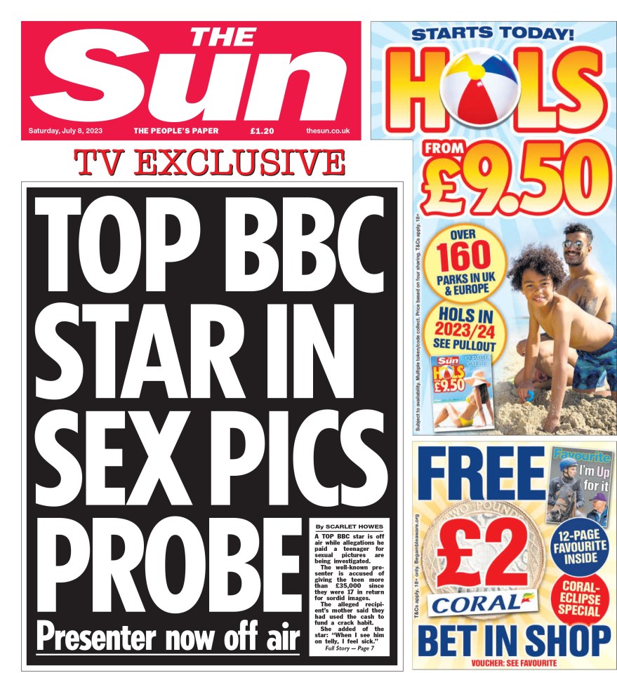 The Sun's front page about the shamed BBC presenter who had paid a vulnerable young man in return for sexual images