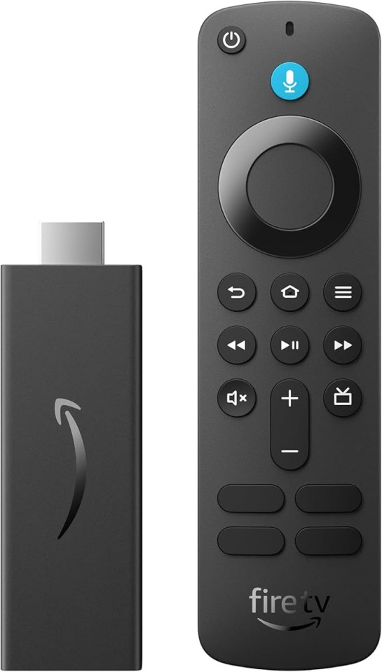 a black fire tv remote next to a black fire tv stick