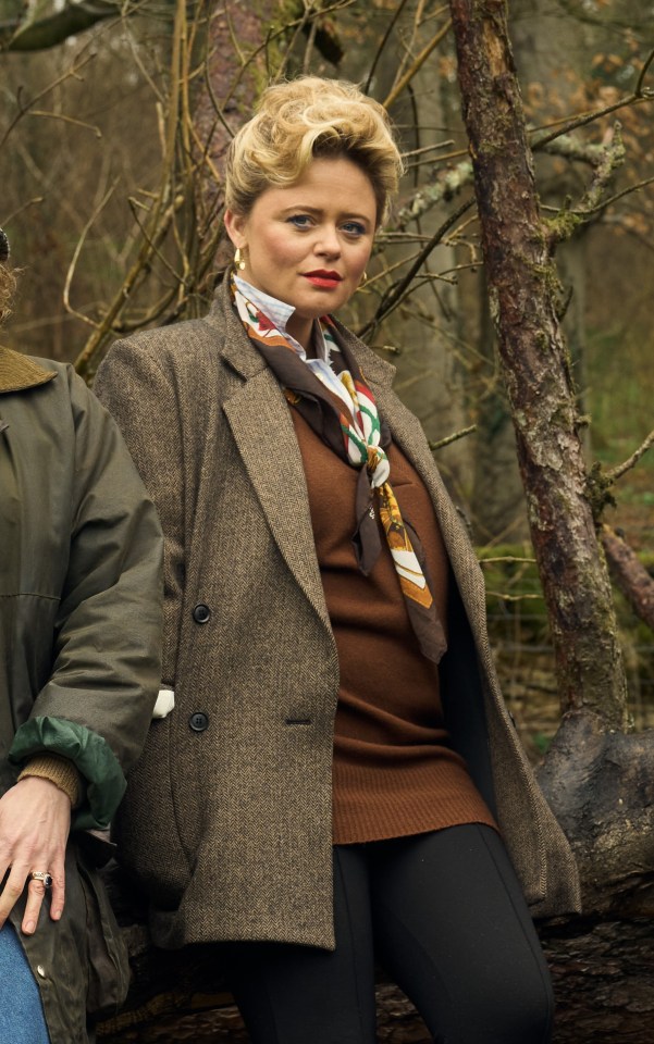 Rivals’ bed-hopping Sarah Stratton, played by Emily Atack, wears her neck scarf during a shooting scene