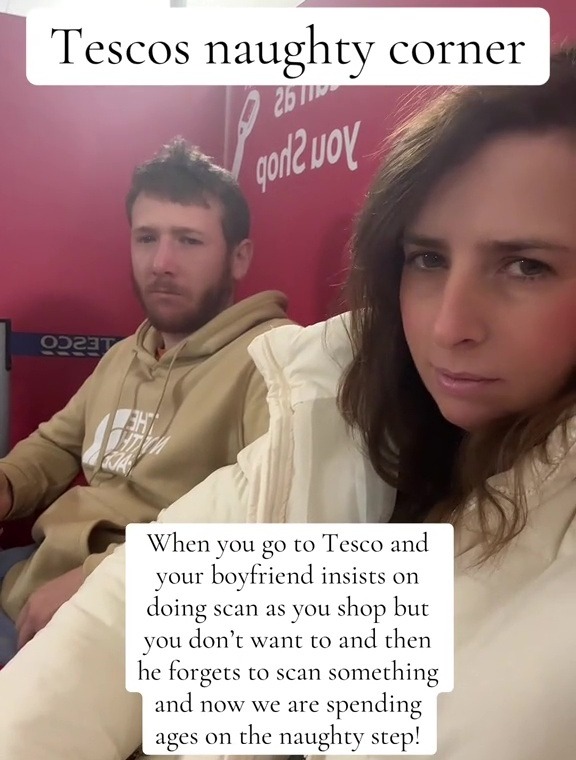 Louise and her boyfriend ended up in Tesco's "naughty corner" when they forgot to scan something on their shopping trip