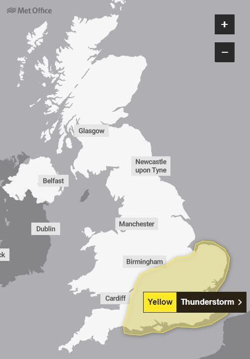 The south east is under a yellow weather warning for thunderstorms until 10pm tonight