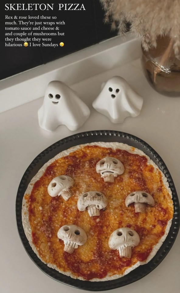 a pizza with skeletons and mushrooms on it