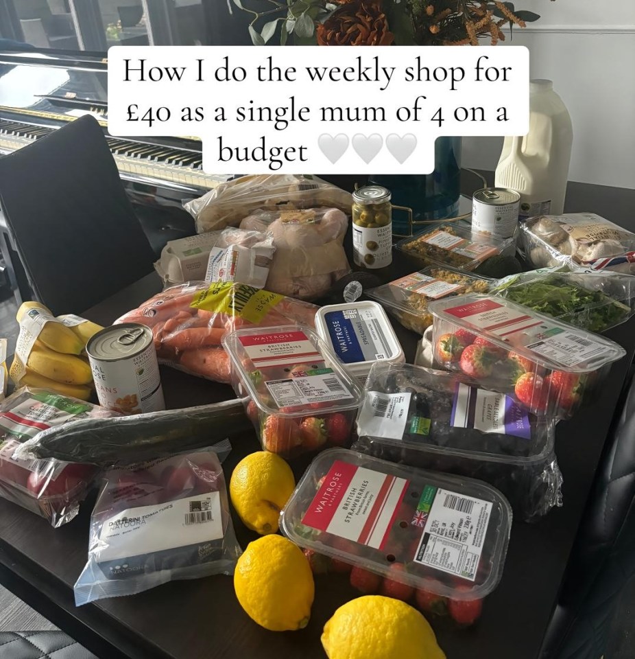 a table full of groceries with the words how i do the weekly shop for £ 40 as a single mum of 4 on a budget