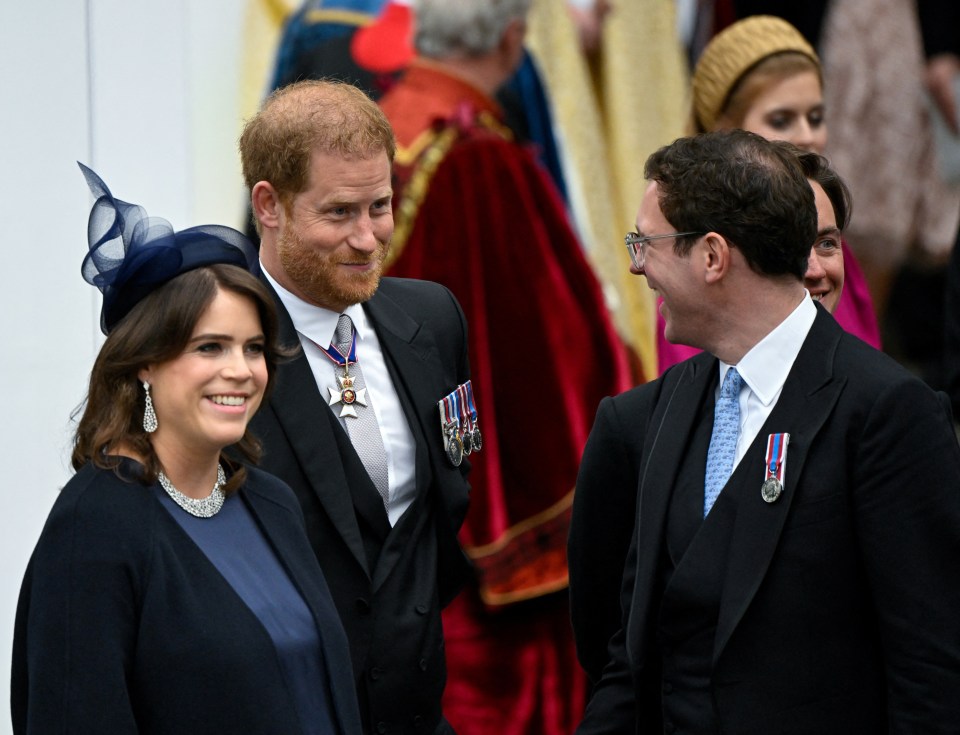 Harry, Eugenie and her husband Jack leaving Westminster Abbey following the Coronation of King Charles III and Queen Camilla on May 6, 2023