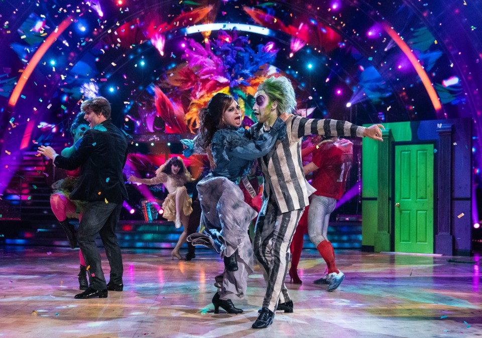 Strictly pros Carlos Gu and Katya Jones in Beetlejuice routine for Halloween Night