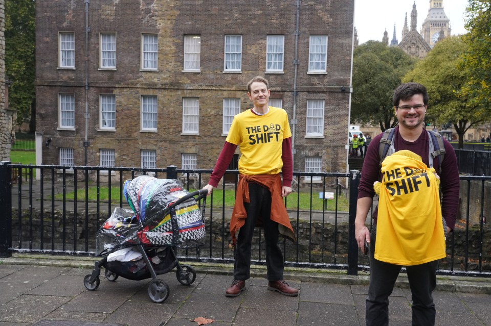 two men wearing yellow shirts that say the dad shift