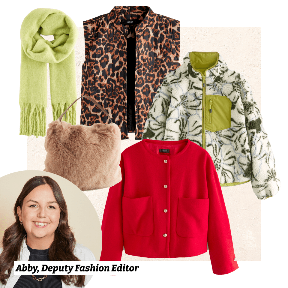 an ad for abby deputy fashion editor shows a leopard print jacket a green scarf and a red jacket