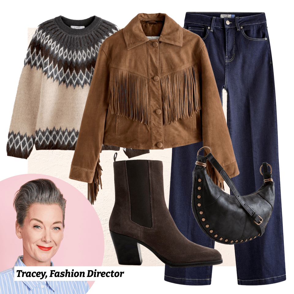 a woman wearing a fringed jacket and a sweater with the name tracey fashion director