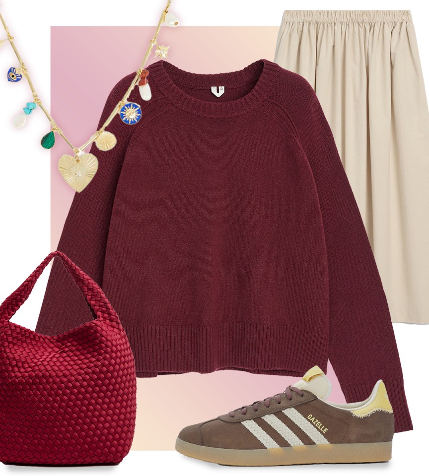 a sweater a skirt a bag and a pair of gazelle sneakers