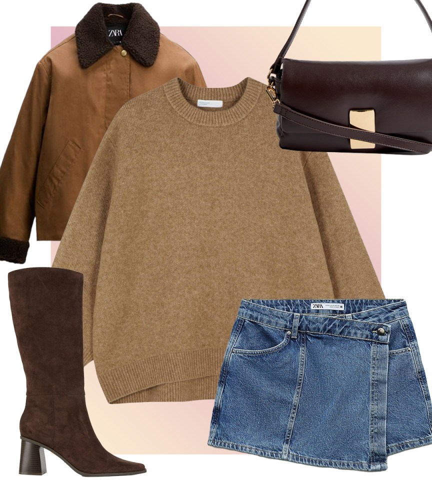 a collage of clothes including a brown jacket and a brown purse