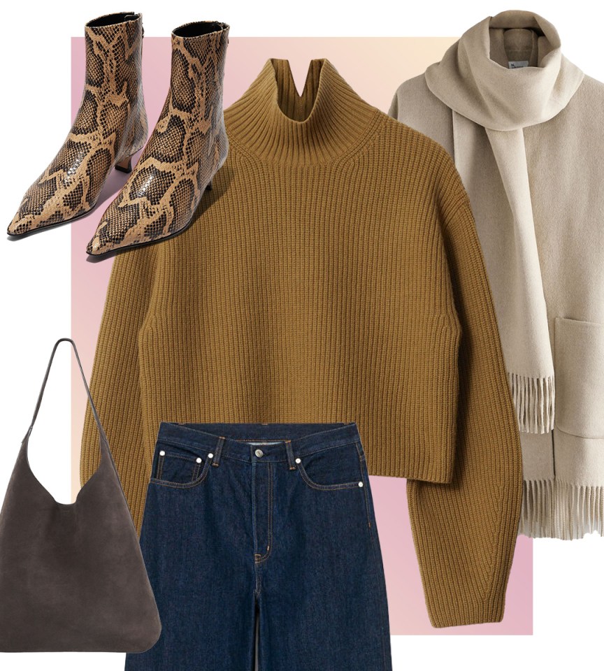 a sweater with a turtleneck and a pair of snake print boots