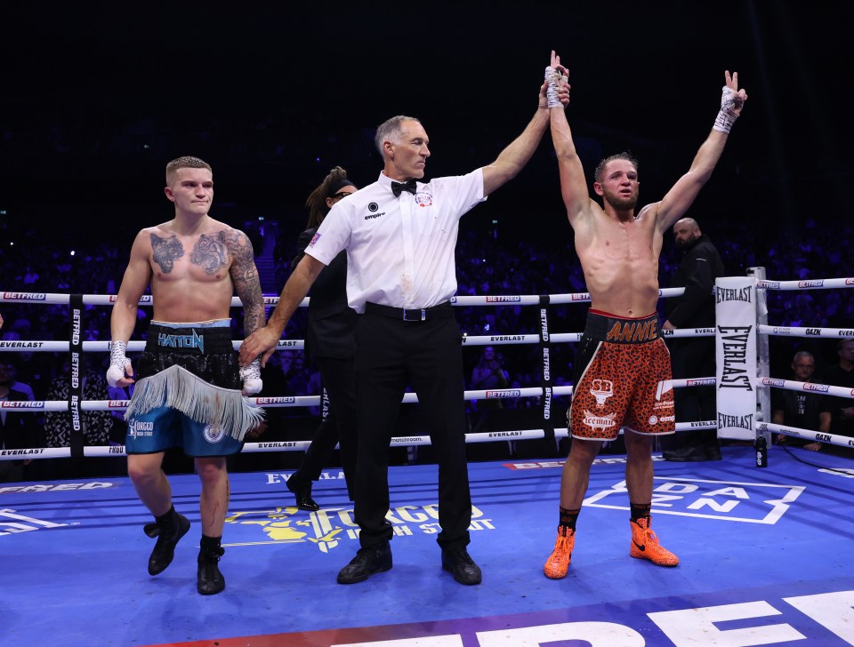 MANCHESTER, ENGLAND - OCTOBER 26: James Flint (orange shorts) wins his Super Lightweight contest against Campbell Hatton ( blue shorts) at Co-op Live on October 26, 2024 in Manchester, England. (Photo by Mark Robinson/Matchroom Boxing/Getty Images)