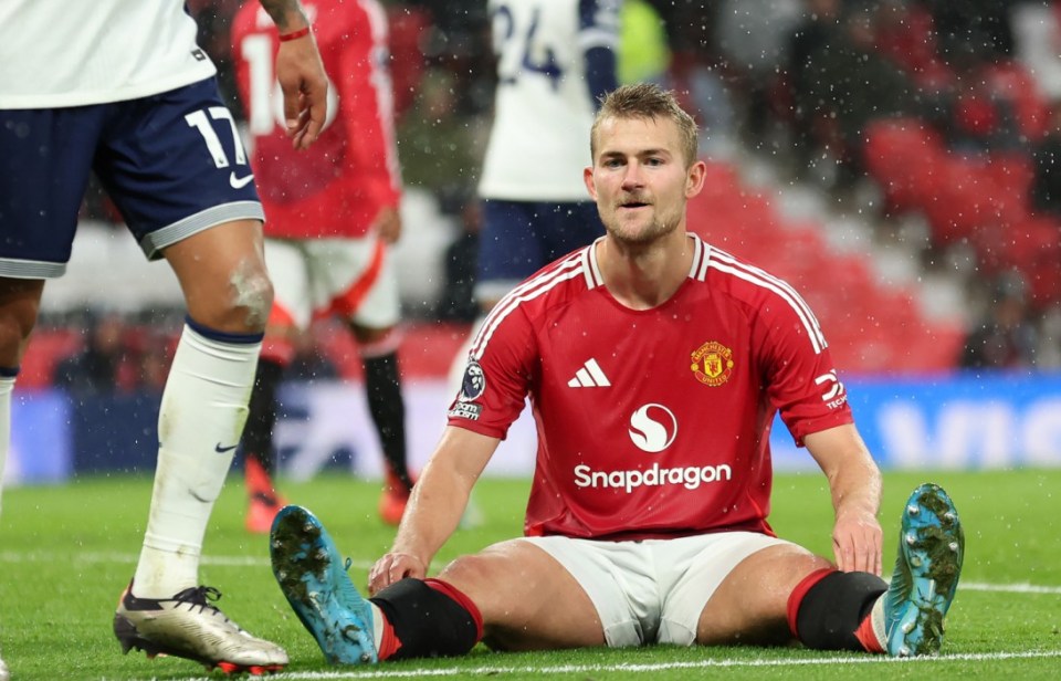 MANCHESTER, ENGLAND - SEPTEMBER 29: Matthijs de Ligt of Manchester United shows dejection during the Premier League match between Manchester United FC and Tottenham Hotspur FC at Old Trafford on September 29, 2024 in Manchester, England. (Photo by Carl Recine/Getty Images)